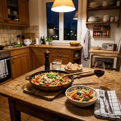 Schnelles Abendessen in 15 Minuten auf einem Küchentisch mit Pasta, Gemüse und einer Pfanne