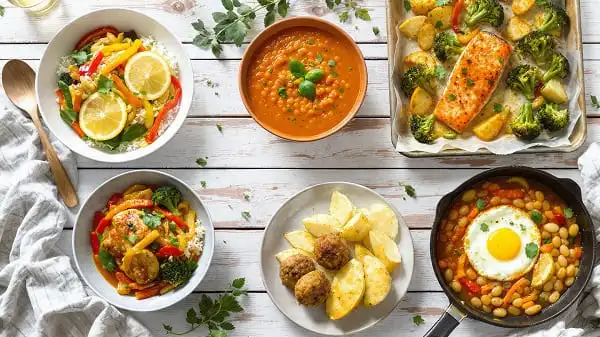 Fünf gesunde warme Rezepte zum Abnehmen auf einem Holztisch