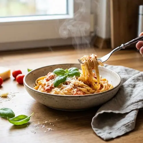 Cremige Pasta als schnelles 15 Minuten Abendessen in einer tiefen Schüssel