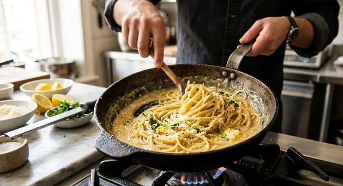 Pasta wird in der Pfanne mit Parmesan und Butter cremig geschwenkt