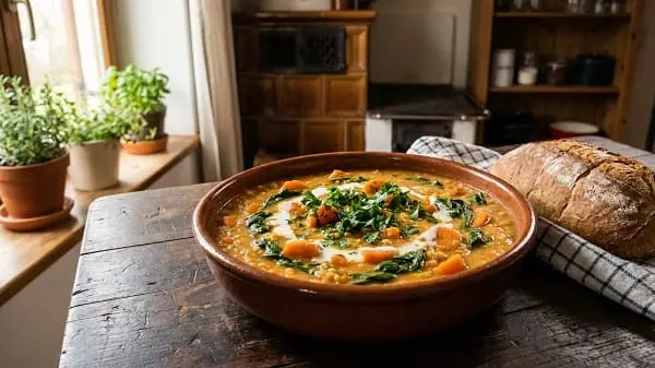 Cremige rote Linsensuppe mit Möhre und Spinat in einer Schale