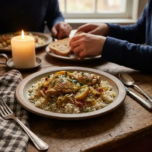 Fertige Hähnchenpfanne mit Reis und frischer Petersilie angerichtet