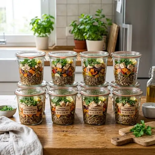 Fertige Linsen-Hähnchen-Schalen im Glas für mehrere Tage vorbereitet