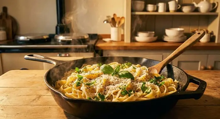 Dampfende 15-Minuten-Pasta in einer rustikalen Pfanne