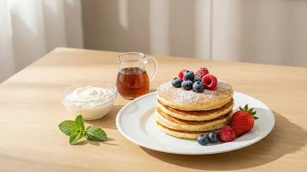 Gesundes schnelles Frühstück mit Quark-Hafer-Pfannkuchen und warmen Äpfeln