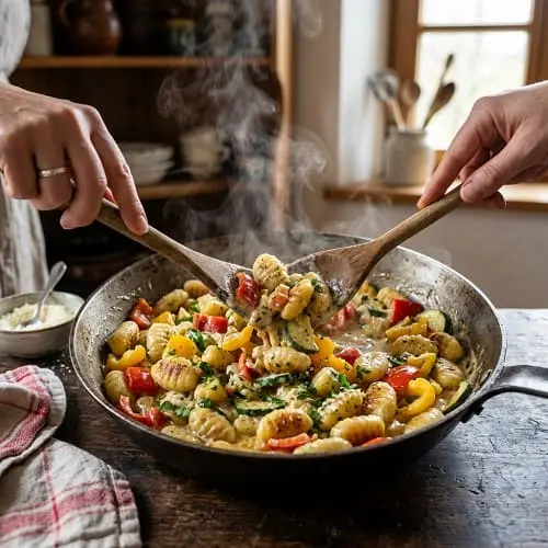 Gnocchi mit Gemüse und cremiger Soße in einer großen Pfanne