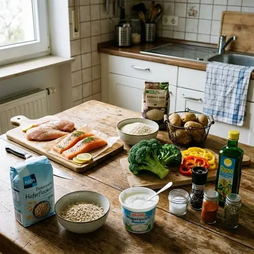 Grundzutaten für Meal Prep für Fitness: Hähnchen, Lachs, Reis, Gemüse und Quark