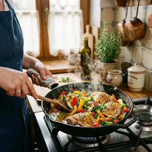 Hähnchen und buntes Gemüse in einer Pfanne mit leichter Zitronensoße