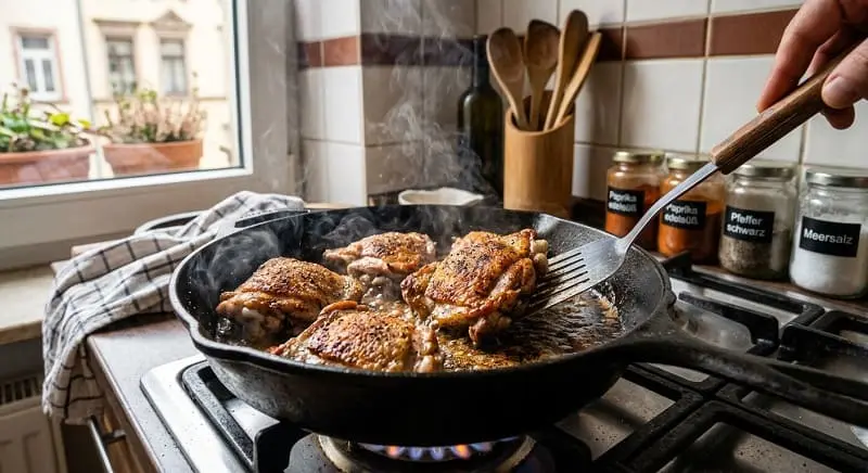 Hähnchenstücke werden in einer heißen Pfanne scharf angebraten