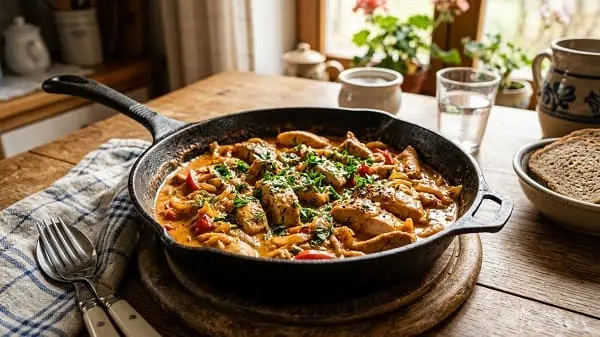 Schnelles und einfaches Hähnchenrezept mit cremiger Paprikasoße in einer rustikalen Pfanne
