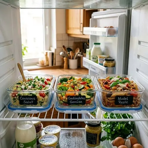 Vorbereitete Portionen für ein leichtes Abendessen im Kühlschrank mit Glasboxen