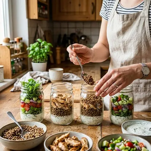 Linsen, Hähnchen und Gemüse werden für die Woche in Gläser geschichtet