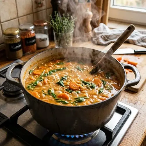 Cremige rote Linsensuppe zum Abnehmen: Suppe im Topf während des Kochens