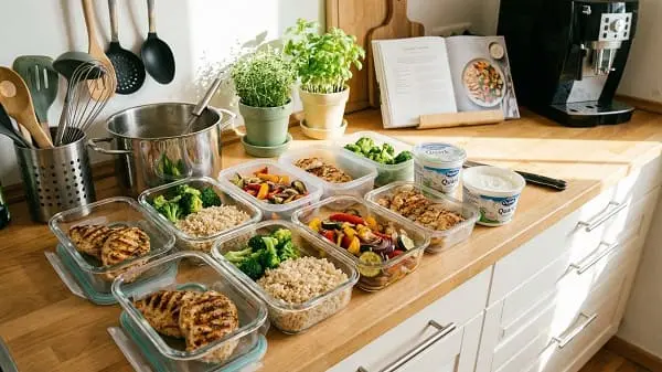 Meal Prep für Muskelaufbau: vorbereitete Boxen mit Reis, Hähnchen, Gemüse und Quark in einer hellen Küche