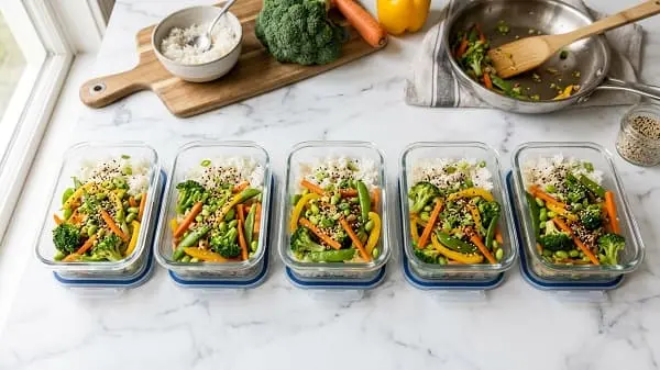 Bunte Reis-Gemüse-Pfanne für einen Meal Prep Wochenplan