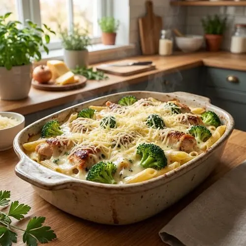 Nudelauflauf mit Hähnchen und Brokkoli in der Form vor dem Backen