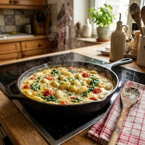 Ofen-Gnocchi mit Spinat und Tomaten in cremiger Soße vor dem Backen