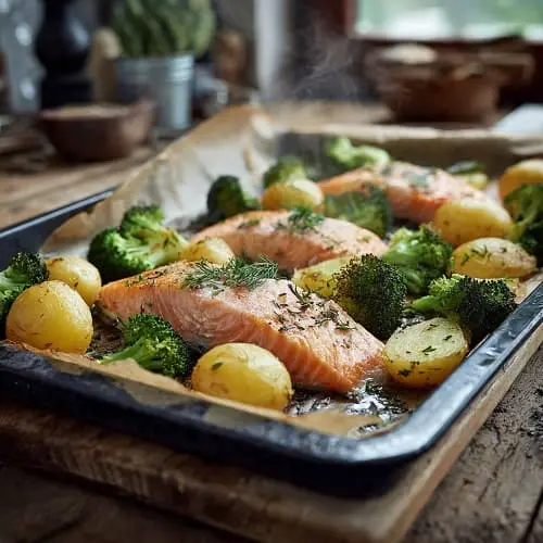 Leichtes Ofengericht mit Lachs, Brokkoli und Kartoffeln auf einem Blech