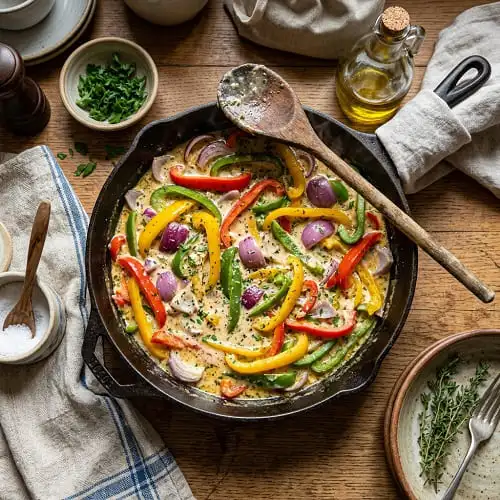 Paprika, Zwiebeln und cremige Soße in einer Pfanne mit Holzlöffel