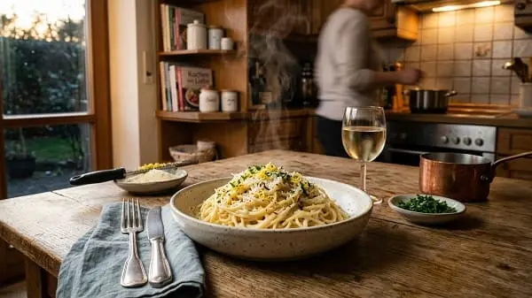 Cremige 15-Minuten-Pasta in einer gemütlichen deutschen Wohnküche