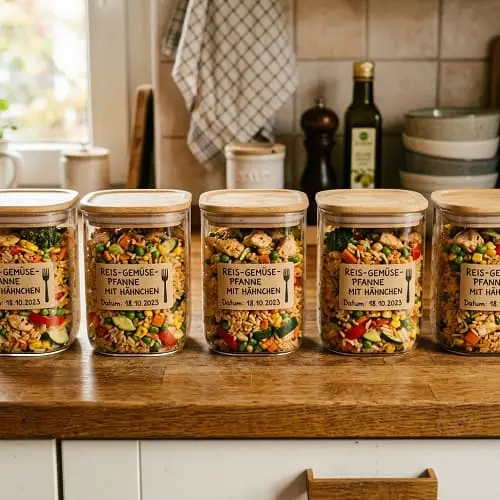 Meal Prep Wochenplan kostenlos: Reis-Gemüse-Pfanne 4 Portionierte Reis-Gemüse-Pfanne für den Wochenplan in Vorratsdosen