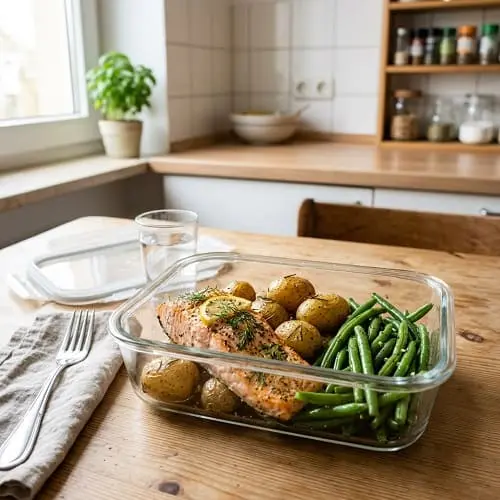 Proteinreicher Wochenplan: Ofenlachs mit Kartoffeln und grünen Bohnen in einer Glasbox