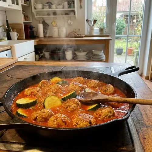 Putenbällchen in Tomatensoße | gesund abnehmen 3 Putenbällchen in Tomatensoße mit Zucchini in einer Pfanne beim Garen