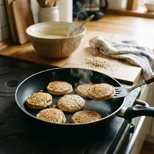 Quark-Hafer-Pfannkuchen backen in der Pfanne goldbraun aus