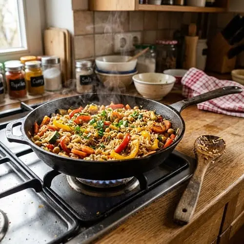 Meal Prep Wochenplan kostenlos: Reis-Gemüse-Pfanne 3 Reis-Gemüse-Pfanne kurz vor dem Portionieren in Vorratsdosen