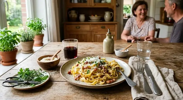 Schnell servierte Pasta auf einem rustikalen Holztisch mit Parmesan und Kräutern