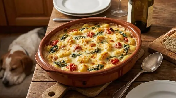 Schnelles Abendessen ohne Fleisch mit cremigen Ofen-Gnocchi und Spinat