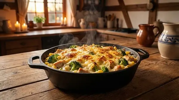 Schnelles Abendessen zum Vorbereiten mit cremigem Nudelauflauf und Brokkoli