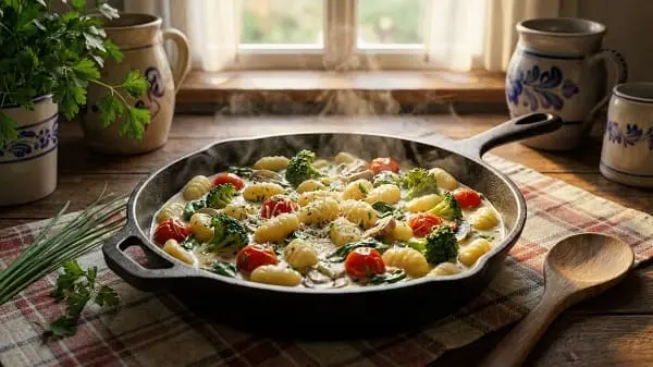 Schnelles einfaches warmes Abendessen mit cremiger Gnocchi-Gemüse-Pfanne