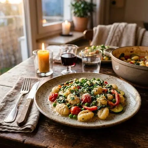 Servierte cremige Gnocchi-Gemüse-Pfanne auf einem Teller mit frischen Kräutern