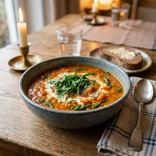 Servierte cremige rote Linsensuppe zum Abnehmen mit Spinat in einer Schale