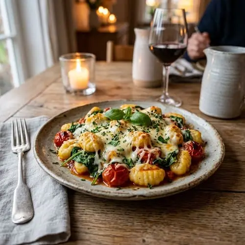 Servierte cremige Ofen-Gnocchi mit Spinat und Tomaten auf einem Teller