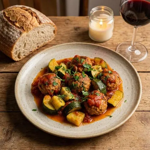 Putenbällchen in Tomatensoße | gesund abnehmen 4 Servierte Putenbällchen in Tomatensoße mit Zucchini auf einem Teller