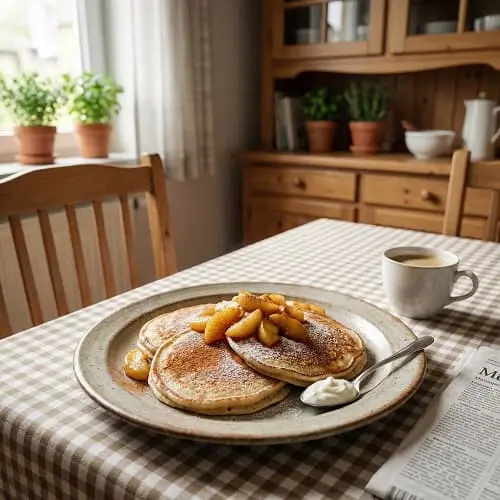 Servierte Quark-Hafer-Pfannkuchen mit warmen Äpfeln auf einem Teller