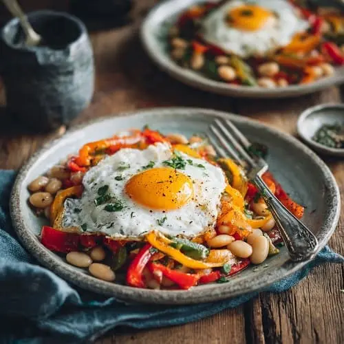 Servierte weiße-Bohnen-Pfanne mit Paprika und Ei auf einem Teller