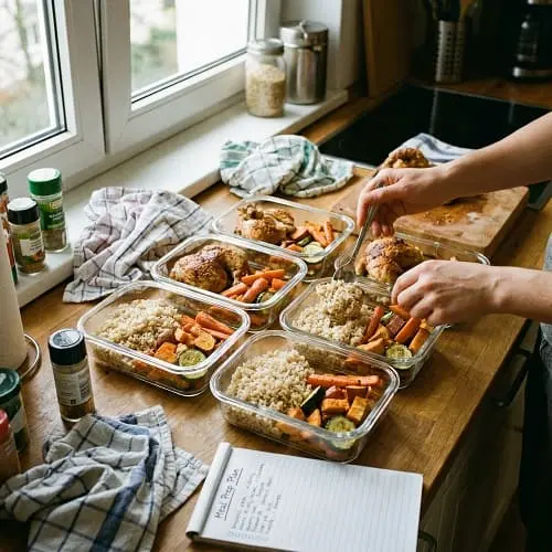 Muskelaufbau Meal Prep Plan: portionierte Boxen mit Hähnchen, Reis und Ofengemüse