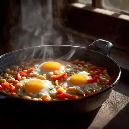 Weiße-Bohnen-Pfanne mit Paprika und Ei in einer Pfanne beim Garen