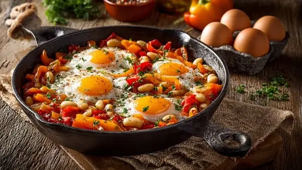 Weiße-Bohnen-Pfanne mit Paprika und Ei als gesundes Rezept zum Abnehmen