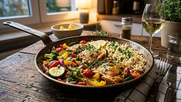 Zitronige Hähnchen-Gemüse-Pfanne mit Reis als leichtes Abendessen
