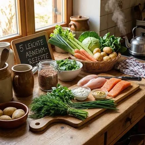 Frische Zutaten für gesunde Rezepte zum Abnehmen auf einer Küchenplatte