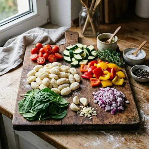 Frische Zutaten für eine cremige Gnocchi-Gemüse-Pfanne auf einem Holzbrett