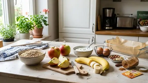 Zutaten für Haferflocken-Frühstücksschnitten mit Apfel und Banane
