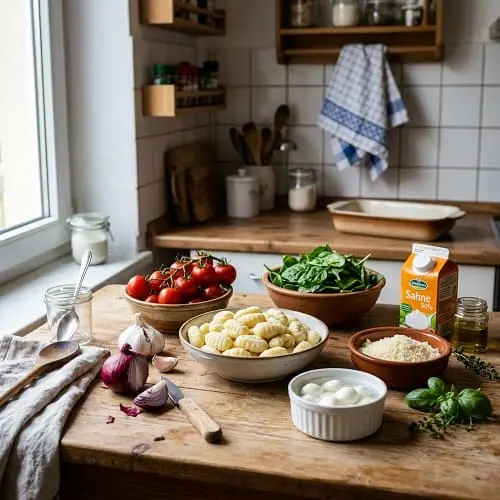 Zutaten für cremige Ofen-Gnocchi mit Spinat und Tomaten