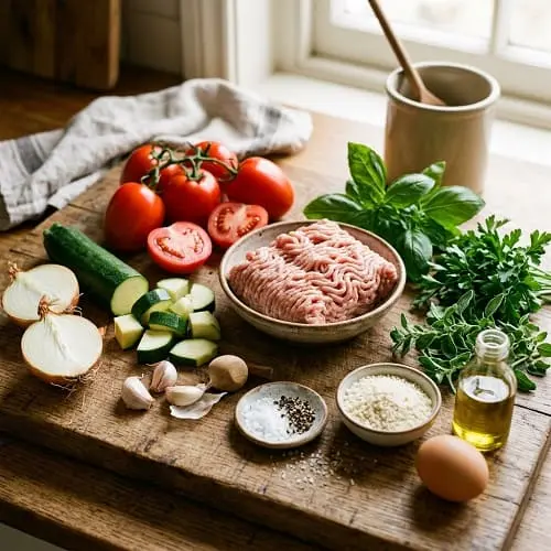 Putenbällchen in Tomatensoße | gesund abnehmen 2 Zutaten für zarte Putenbällchen in Tomatensoße mit Zucchini auf einer Küchenplatte