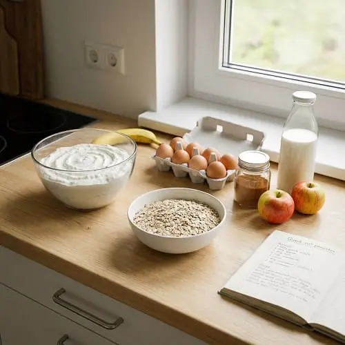 Zutaten für Quark-Hafer-Pfannkuchen mit Apfel und Banane