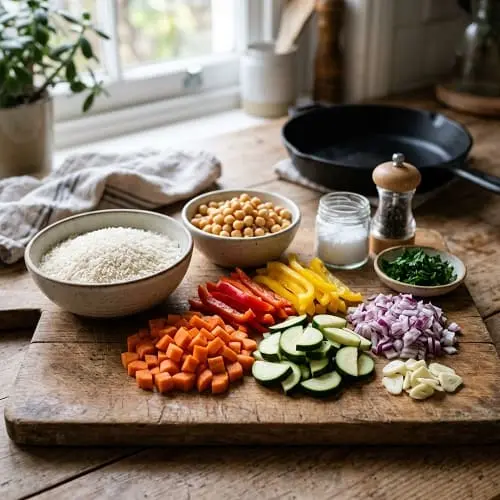 Meal Prep Wochenplan kostenlos: Reis-Gemüse-Pfanne 2 Frische Zutaten für eine Reis-Gemüse-Pfanne zum Vorkochen